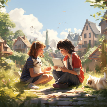 Boy and girl reading a book in the village on a sunny dayの素材