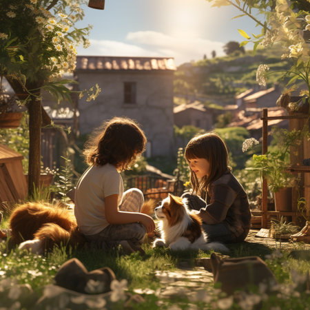 Two little sisters playing with a dog in the garden on a sunny dayの素材