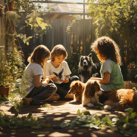 Children playing with dogs in the garden on a sunny summer day.の素材