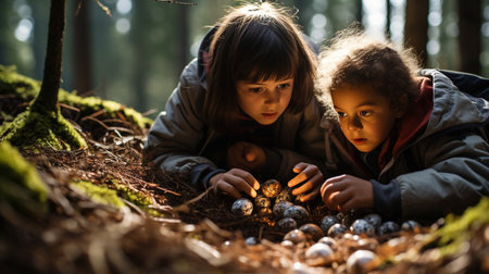 Little boy and girl picking mushrooms in the forest. Selective focus.の素材