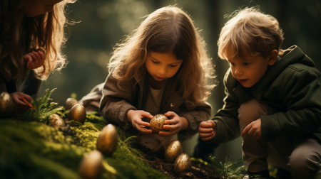 Little boy and girl playing with golden Easter eggs in the forest.の素材