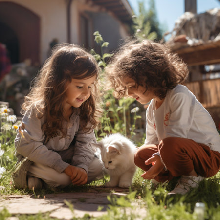 Two little girls playing with a white cat in the yard of a country houseの素材