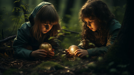 Two little girls playing with Christmas toys in the forest at nightの素材
