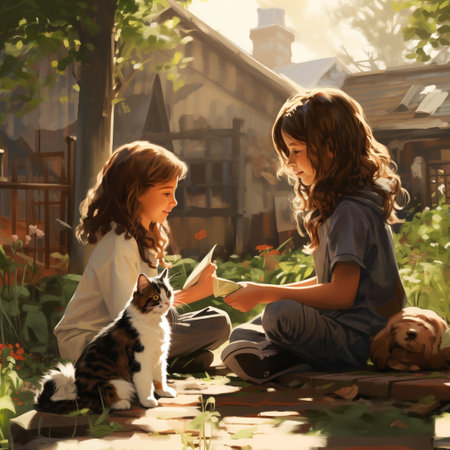 Mother and daughter playing with cat in garden. Concept of happy family.の素材