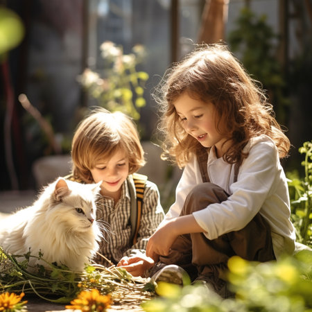 Two little kids, boy and girl, playing with cat in the gardenの素材