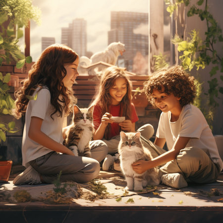 Group of kids sitting on the windowsill and playing with cats.の素材