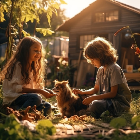 Cute little children, boy and girl, playing with a dog in the garden at sunsetの素材