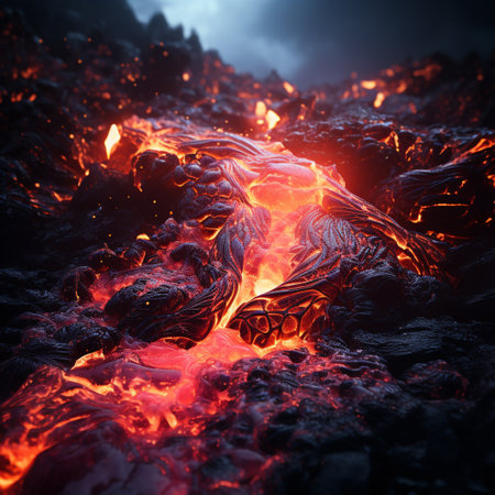 Volcanic eruption at night. Burning lava. 3D renderingの素材