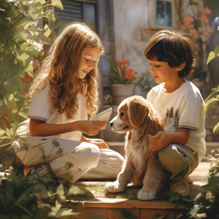 Two children playing with a dog in the garden. Children and pet.の素材