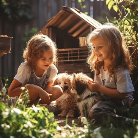 Two little girls playing with a dog in the garden on a sunny dayの素材