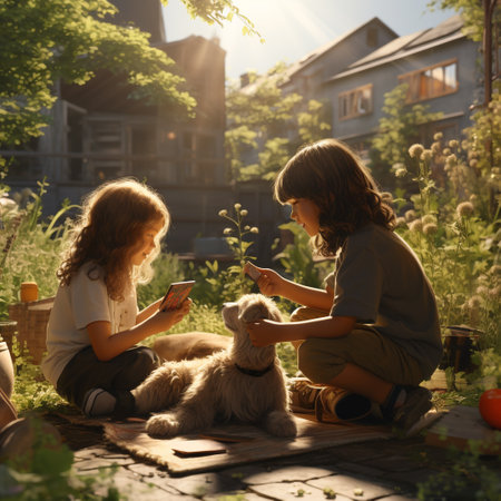Two little girls playing with a dog in the garden on a sunny dayの素材