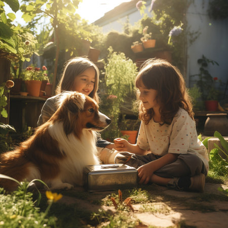 Little girls with a dog in the garden. Children and pets.の素材
