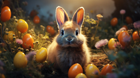 Easter bunny and easter eggs in the meadow with flowersの素材