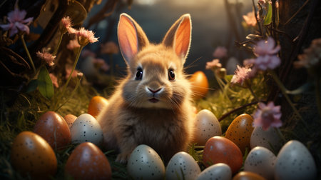 Easter bunny and eggs in the nest on a dark background.の素材