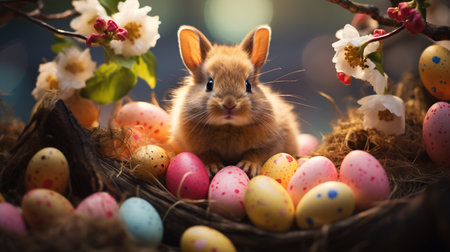 Easter bunny and easter eggs in nest on rustic backgroundの素材