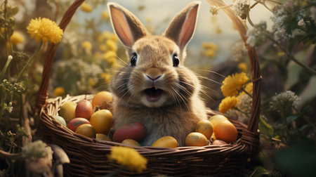 Easter bunny and easter eggs in a basket on nature backgroundの素材
