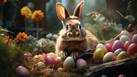 Easter bunny and colorful eggs in garden. Happy Easter concept.の素材