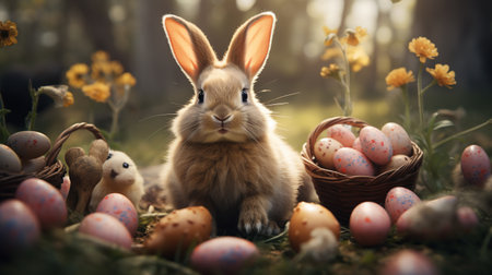 Easter bunny and easter eggs on green grass in the forestの素材