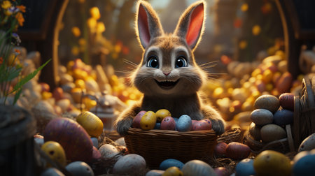 Easter bunny with basket of colorful eggs in rustic setting.の素材