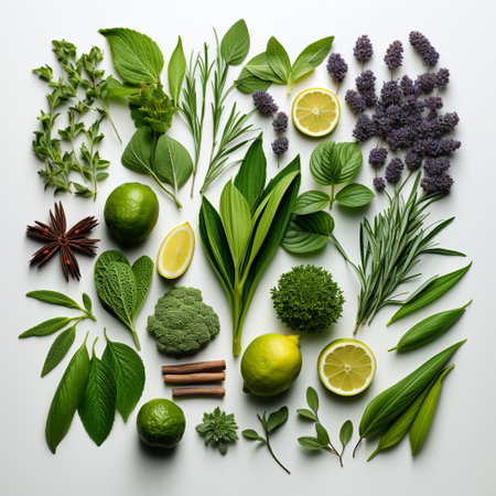Fresh herbs and spices on white background. Top view. Flat lay.の素材
