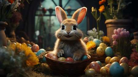 Easter bunny with basket of colorful eggs on rustic background.の素材