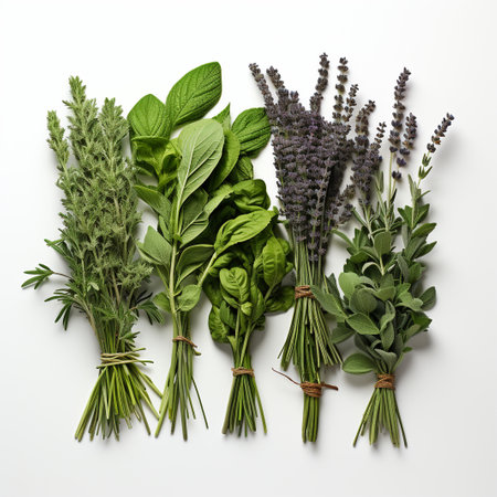 Fresh herbs on white background, top view. Flat lay. Healthy food conceptの素材