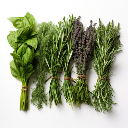 Fresh herbs and spices on white background. Top view, flat layの素材