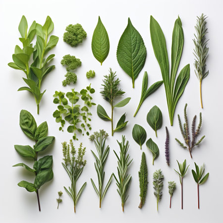 Set of different herbs on white background, top view. Flat layの素材