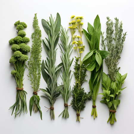 Various herbs and spices on a white background. Herbs for cooking.の素材