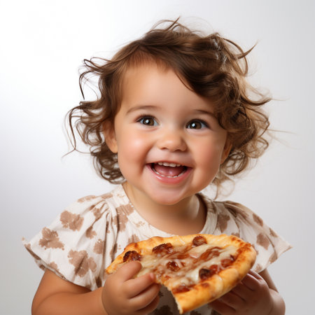 Little girl with pizza on a white background. Closeup.の素材