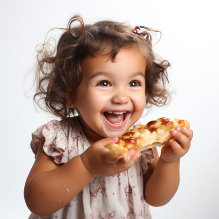 Cute little girl eating pizza on a white background. The concept of healthy food.の素材