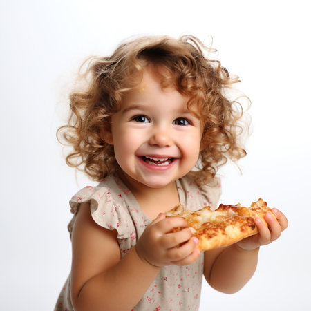 Happy little girl eating pizza. Isolated on a white background.の素材