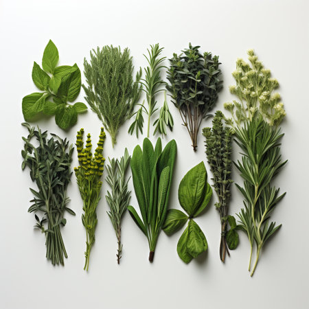 Variety of fresh herbs on white background. Top view. Flat layの素材