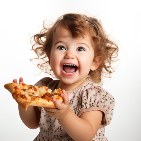 Happy little girl eating pizza. Isolated on a white background.の素材