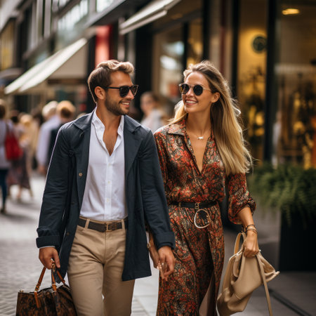 Happy young couple in sunglasses walking on the street and holding shopping bags.の素材