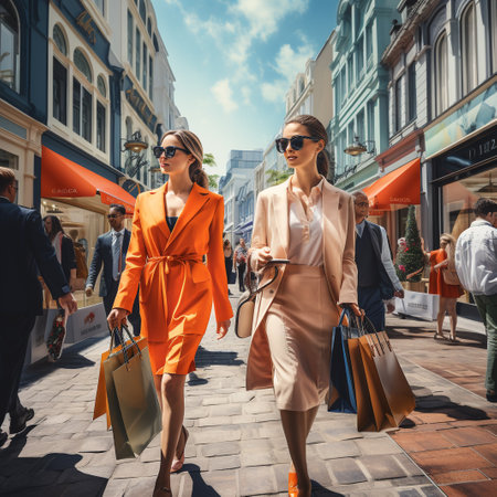 Beautiful young woman in sunglasses with shopping bags walking in the cityの素材