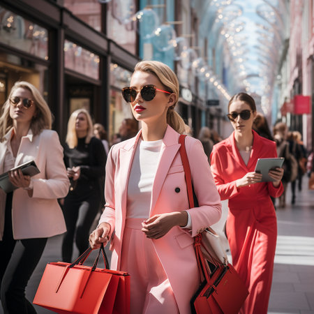 attractive young woman in sunglasses using smartphone and holding shopping bags in cityの素材
