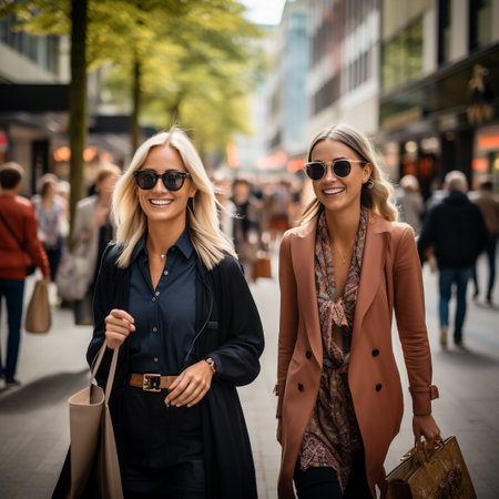 Beautiful young women in sunglasses with shopping bags walking in the city.の素材