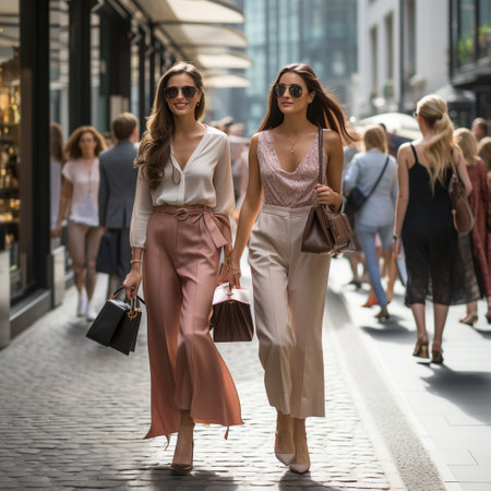 Two beautiful young women walking in the city, wearing elegant dresses and sunglassesの素材