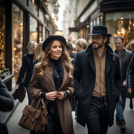 Stylish couple walking in the city. Man and woman in a coat and hat.の素材