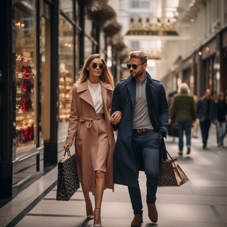 Beautiful young couple is walking in the shopping center. Man and woman are holding shopping bags.の素材