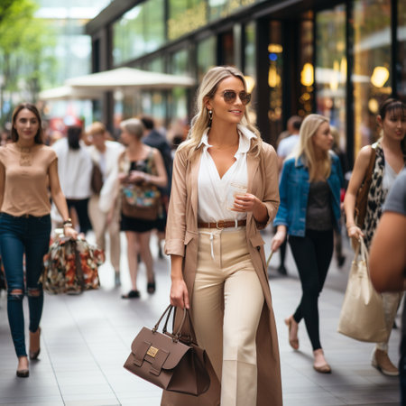 Beautiful young woman walking in the city with shopping bags and using mobile phone.の素材