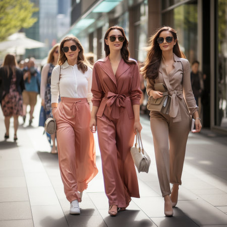 portrait of three beautiful young women in sunglasses walking in the cityの素材