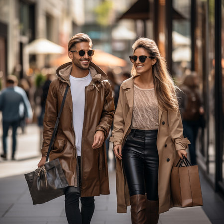 smiling young couple in sunglasses holding shopping bags while walking in cityの素材
