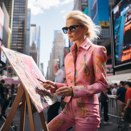 Beautiful young blonde woman drawing a picture in Times Square, New York Cityの素材