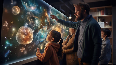 Exploring the universe together. Side view of cheerful young man and his little daughter looking at the planets in the spaceの素材