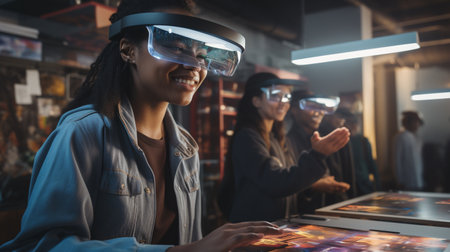 Portrait of smiling african american woman using virtual reality headset in gaming shopの素材