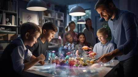 happy father and kids playing with colorful candies at table at homeの素材
