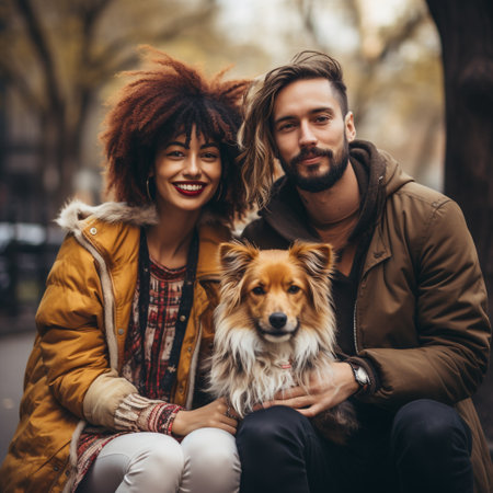Young couple with a dog in a park. A man and a woman with a dog.の素材