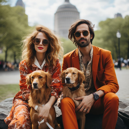stylish young couple in sunglasses with golden retriever dog in cityの素材